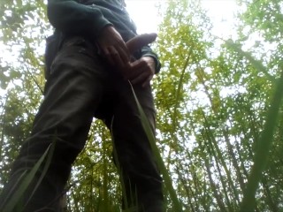 私は茂みの中で外で私のコックを自慰行為し、兼。