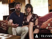 Preview 3 of TRANSFIXED - POV Trans Stepmom Dahlia Crimson Shows You How To Fuck With Stepdad's Help!