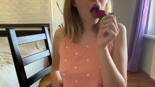 The summer has begun! Time to eat strawberries! 😋🍓 His fat cock is fucking me right in the throat!