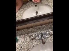 Sexy man with leg up let’s a nice load go into the sink super hot!!!