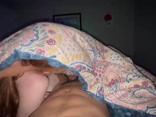 POV getting head from a college redhead nympho in her parents bed while we Gotta stay quiet.
