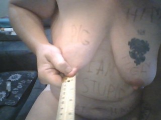 Chubby Fat FTM Humiliation Slut Measures Body Parts and Slaps self with Ruler and Masturbating BDSM