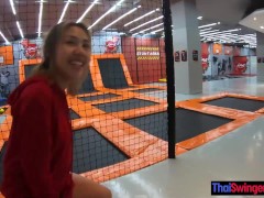 Video Thai amateur MILF girlfriend having fun on a trampoline and then fucked at home