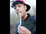 Preview 4 of Twink uses cum filled condom after fuck like bubble gum and puts on a condom on his tongue