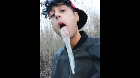 Twink uses cum filled condom after fuck like bubble gum and puts on a condom on his tongue