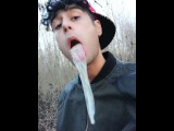 Twink uses cum filled condom after fuck like bubble gum and puts on a condom on his tongue