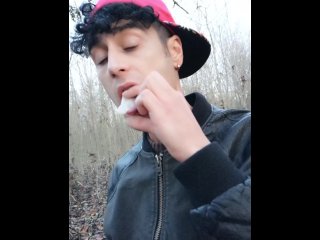 Twink uses cum filled condom after fuck like bubble gum and puts on a condom on his tongue