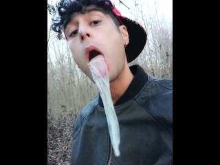 Twink uses Cum Filled Condom after Fuck like Bubble Gum and Puts on a Condom on his Tongue