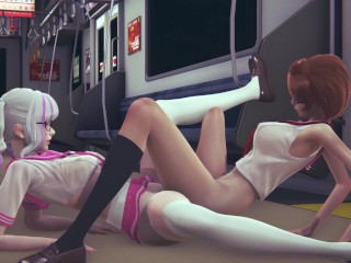 Schoolgirls Tribbing in a Night Subway Car