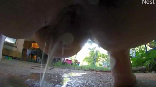 Slender Girl Farts And Urinates Outside On A Secure Space Revealing Her Hairy Dripping Pussy