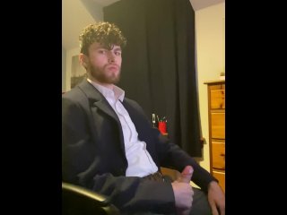 Lad in Suit Jerking Off After Work