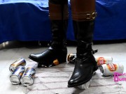 Preview 1 of Crushing beer cans with Riding leather Boots & kicking you POV