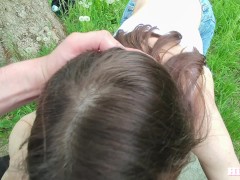 Cute Stepsister teases with her boobs outdoor. I had to fuck her right on the rock.