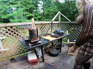 Huge Fake tits cross dresser manning the grill Cumshot finish