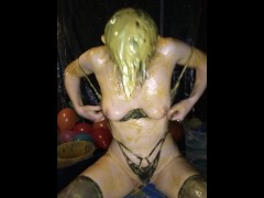 Naughty Jennifer plays with balloon covered in thick gunge