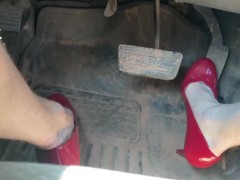 Red high heels out for a drive