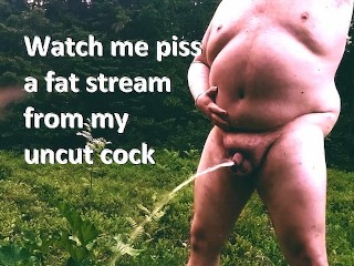 Superchub Pissing HUGE FAT STREAM of Sweet Piss, Massaging his Balls while Wife is Watchin inside
