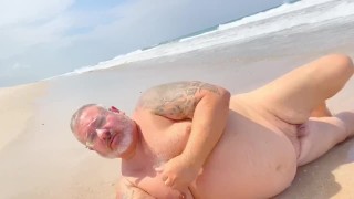 An Elderly Man With Grey Hair Has A Naked Day And Cums Heavily At The Beach