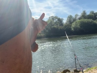 Risky Jerk off while Fishing on the Public River