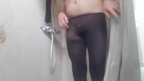 N0vyce66, with his dildo in her ass, wearing black pantyhose pissing in his shower