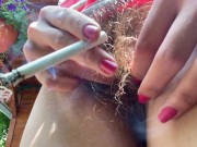 Preview 3 of Super Hairy bush in close up Smoking fetish video outdoor upskirt