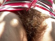 Preview 6 of Super Hairy bush in close up Smoking fetish video outdoor upskirt