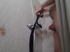 Novyce66 takes a shower after pissing in her black pantyhose and sucks them part 2