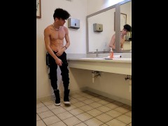 Jock strokes butt naked in school gym bathroom POV