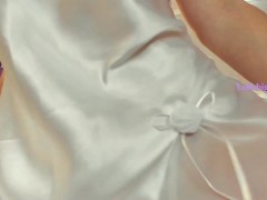fetish Queen upskirt satin dress pussy tease open legs in transparent thongs