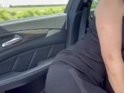 Preview 2 of sexy brunette lifts her dress in the car and masturbates while her boyfriend drives the car