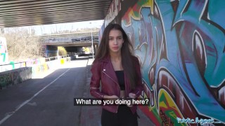 Public Agent A beautiful woman with a model looking figure gives and outdoor blowjob before fucking