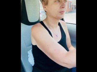 solo female, big tit milf, boobs public, in car