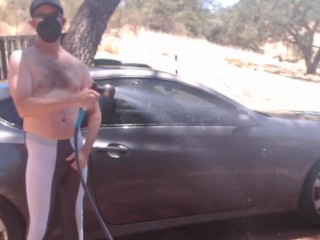 Stripping and Flashing my Big Cock while Washing my Car.