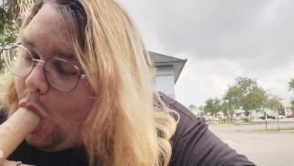 Slave Sucks Dildo in Public Parking Lot!