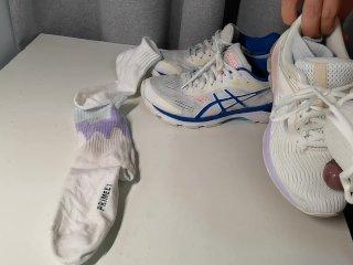 Cum on girlfriend’s white Asics shoes。