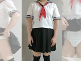Crossdresser Wearing Sailor Fuku (Japanese Uniform) and a pull-up nappy, then Jerking off 偽娘 女子セーラー服