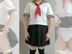 Crossdresser Wearing Sailor Fuku (Japanese Uniform) and a pull-up nappy