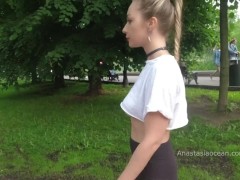 Girl walks in park. topless in public. naked outside. Flashing boobs