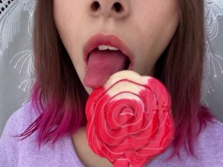 Naughty Stepsister Sucks a Lollipop and Show Her Long Hot SexyTongue