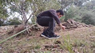 Boy Very Nervous Puts His Dick Outside Jeans And Piss At The Woods