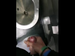 While on the train my girlfriend makes me horny with texts and I go to the bathroom to cum.