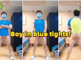 Boy in blue tights masturbates and cums at home