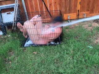Femdom Wife Humiliates small penis Husband Hoses him like a Zoo Animal in a Dog Cage