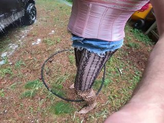 Gigantic fake tits crossdresser car wash