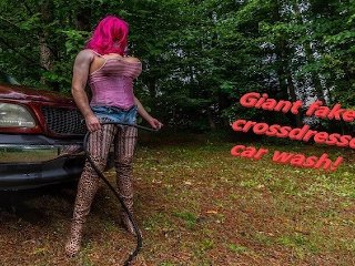 Gigantic fake tits crossdresser car wash