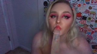 Horny E girl sucks on her dildo 