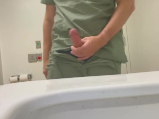 RN gets turned on at work and needs to touch his cock in the hospital staff washroom