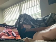 Watching porn in the living room while everyone upstairs huge cum in shorts WATCH END