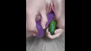 Cucumber in the ass, dick in the pussy, double penetration