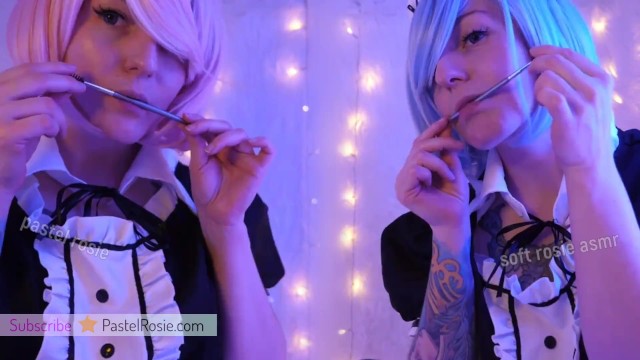 SFW ASMR - Рем и Рам дразнят ваши уши - ПАСТЕЛЬ РОЗИ Звуки влажного покусывания рта - Ролевая игра в косплей